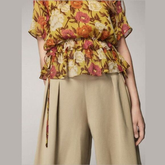 Silk Massimo Dutti Floral Printed Tie-Waist Ruffle Short Sleeve Blouse (NWT) - Picture 2 of 6